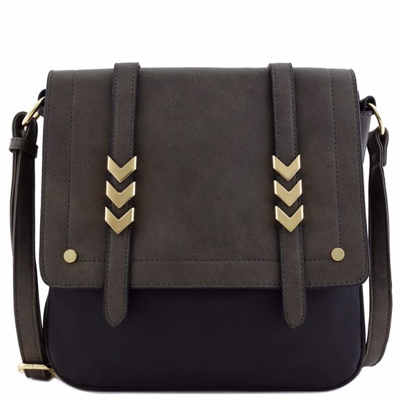Double Compartment Large Two-Tone Colorblock Flapover Crossbody Bag Charcoal O_ - Picture 1 of 6